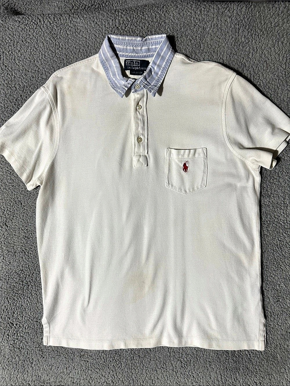 Polo Ralph Lauren Men’s White Custom Fit Polo Shirt Blue Striped Collar Size L